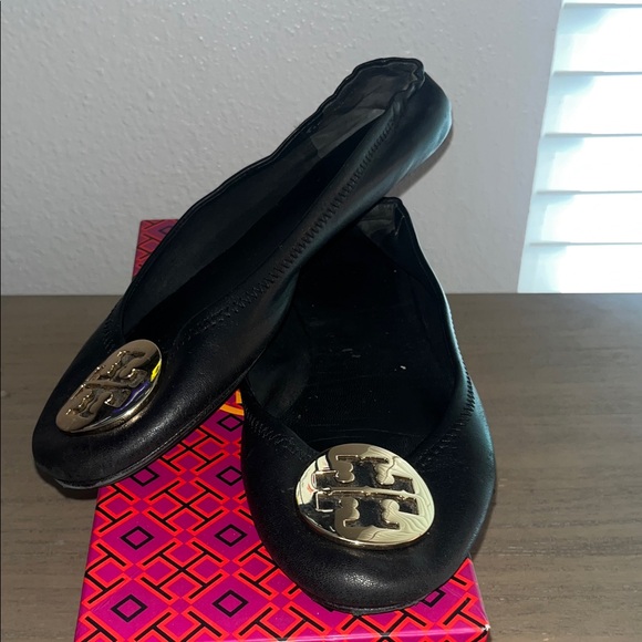 Tory Burch Black Ballet Flats with Gold Logo Accent - Picture 3 of 10